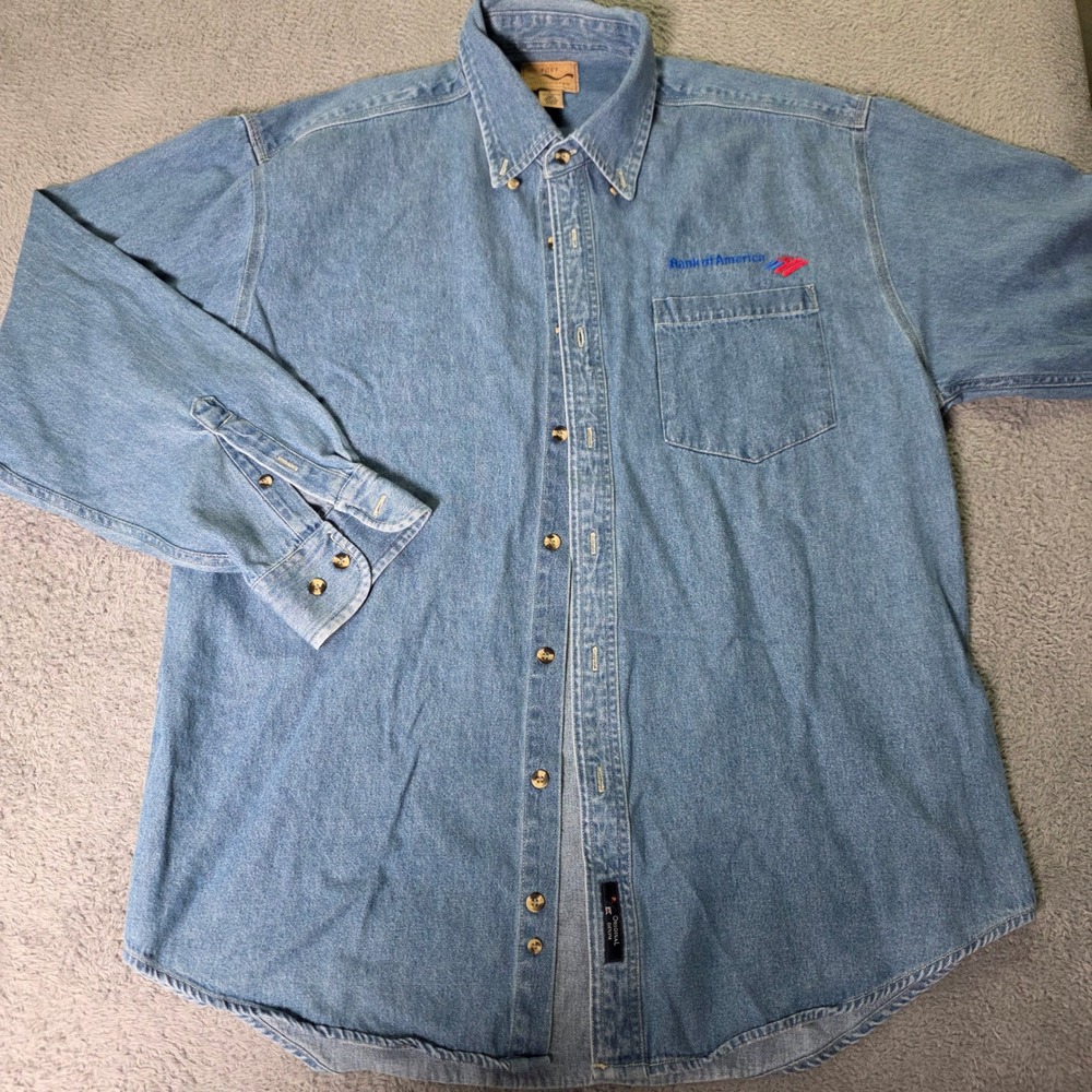 Port Authority Mens L Denim Shirt Light Wash Bank of America Embroidered Logo